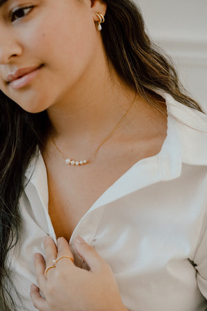 Model Wearing Graduated Genuine White Pearl Horizontal Bar Necklace at Arman's Jewellers Kitchener