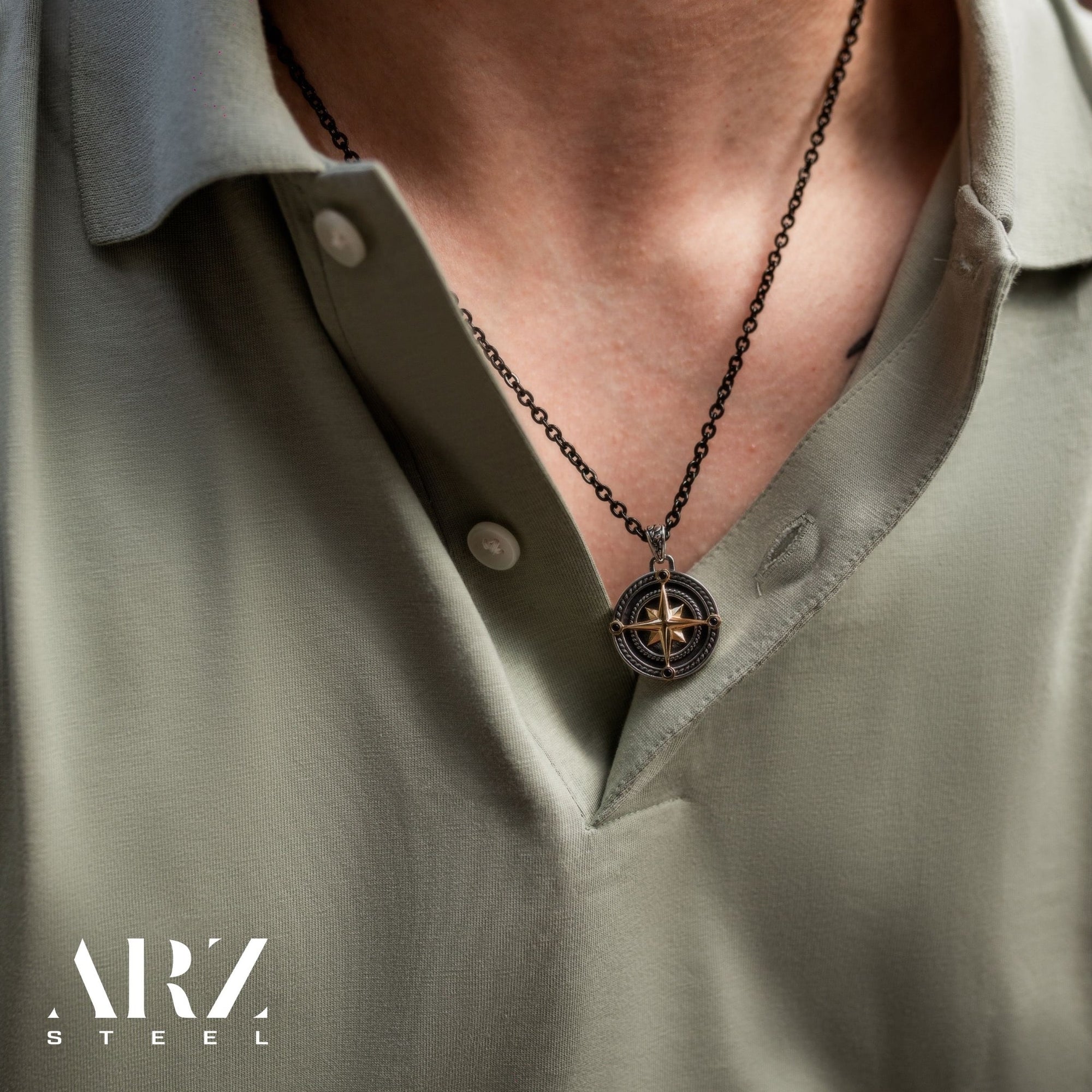 Men's Black & Gold Compass Pendant W/ Chain 28" at Arman's Jewellers