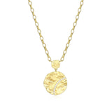 ELLE "GALAXY" 18K GOLD PLATED MATTE FINISH TEXTURE ROUND DISC PENDANT WITH 3A CZ NECKLACE 17"+3" EXTENSION