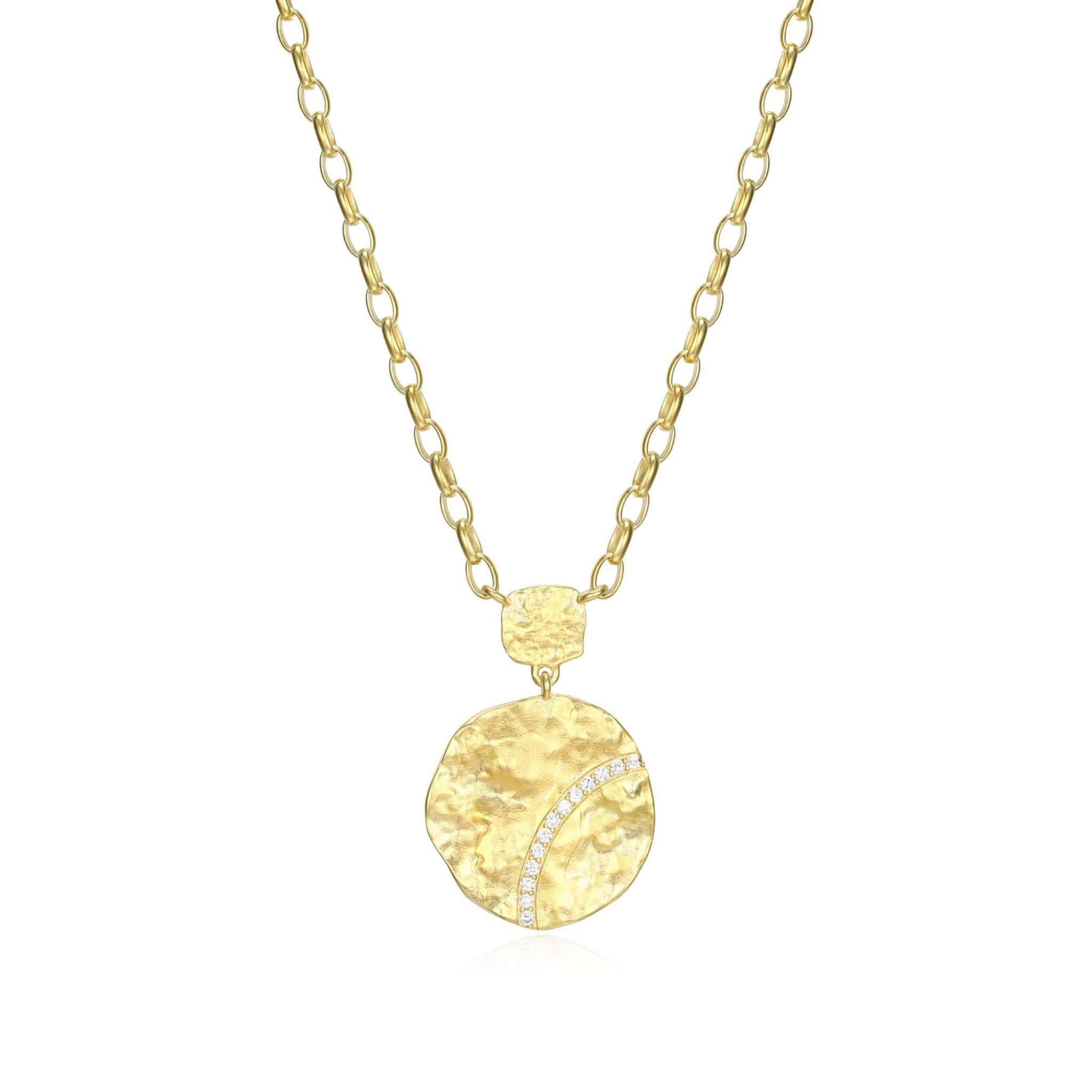 ELLE "GALAXY" 18K GOLD PLATED MATTE FINISH TEXTURE ROUND DISC PENDANT WITH 3A CZ NECKLACE 17"+3" EXTENSION