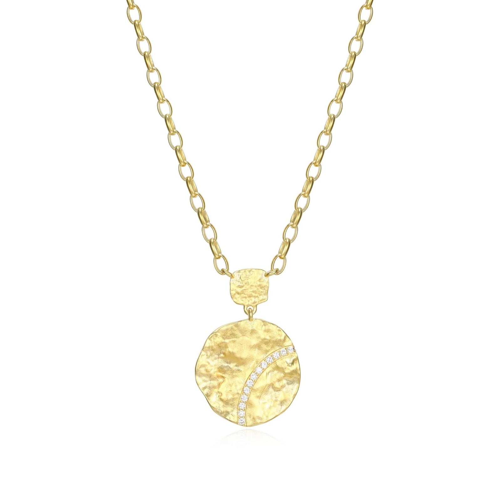 ELLE "GALAXY" 18K GOLD PLATED MATTE FINISH TEXTURE ROUND DISC PENDANT WITH 3A CZ NECKLACE 17"+3" EXTENSION