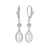 ELLE GENESIS RHODIUM PLATED GENUINE 12X8MM OVAL WHITE PEARL & SILVER BEAD LEVERBACK DROP EARRING AT ARMANS JEWELLERS KITCHENER WATERLOO