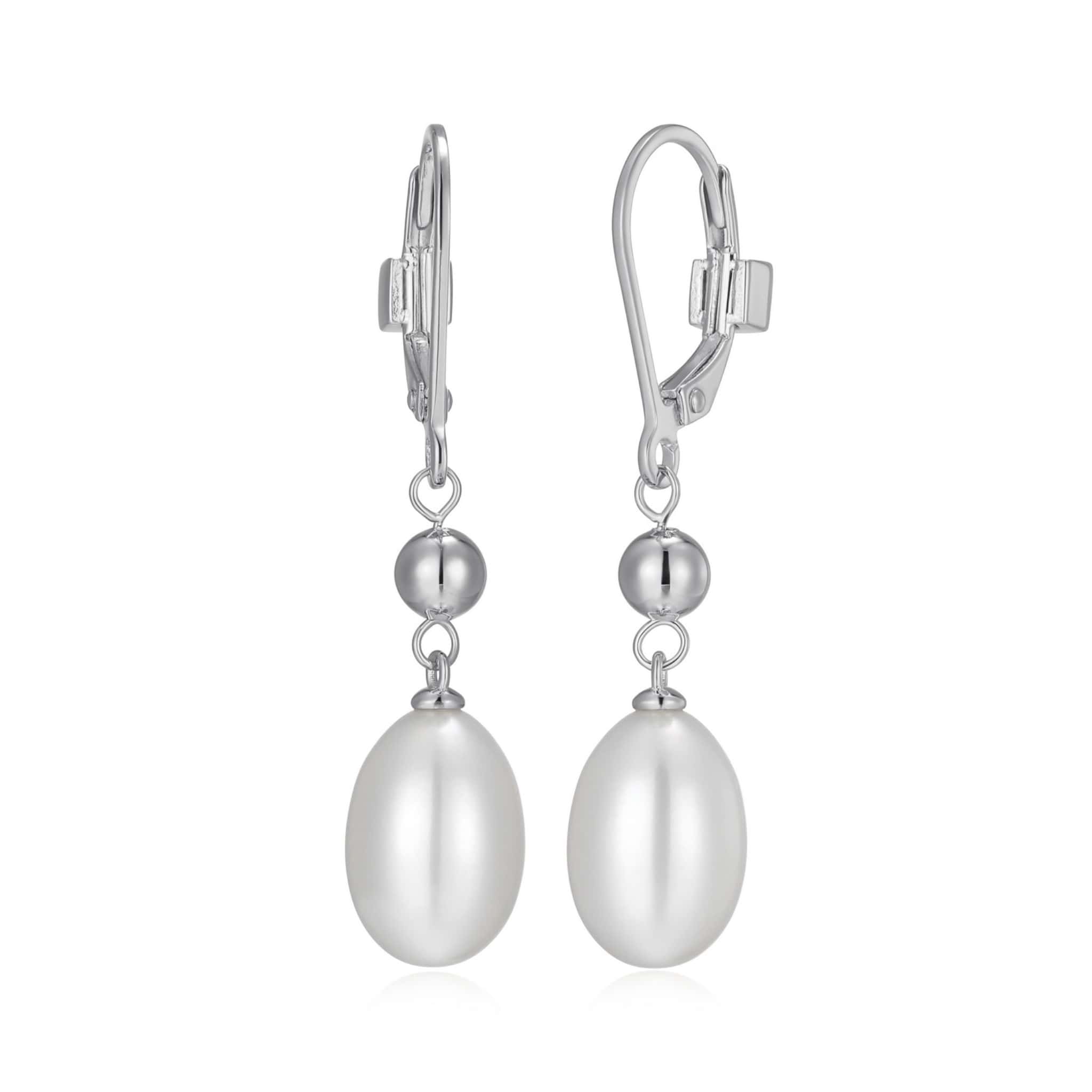ELLE GENESIS RHODIUM PLATED GENUINE 12X8MM OVAL WHITE PEARL & SILVER BEAD LEVERBACK DROP EARRING AT ARMANS JEWELLERS KITCHENER WATERLOO