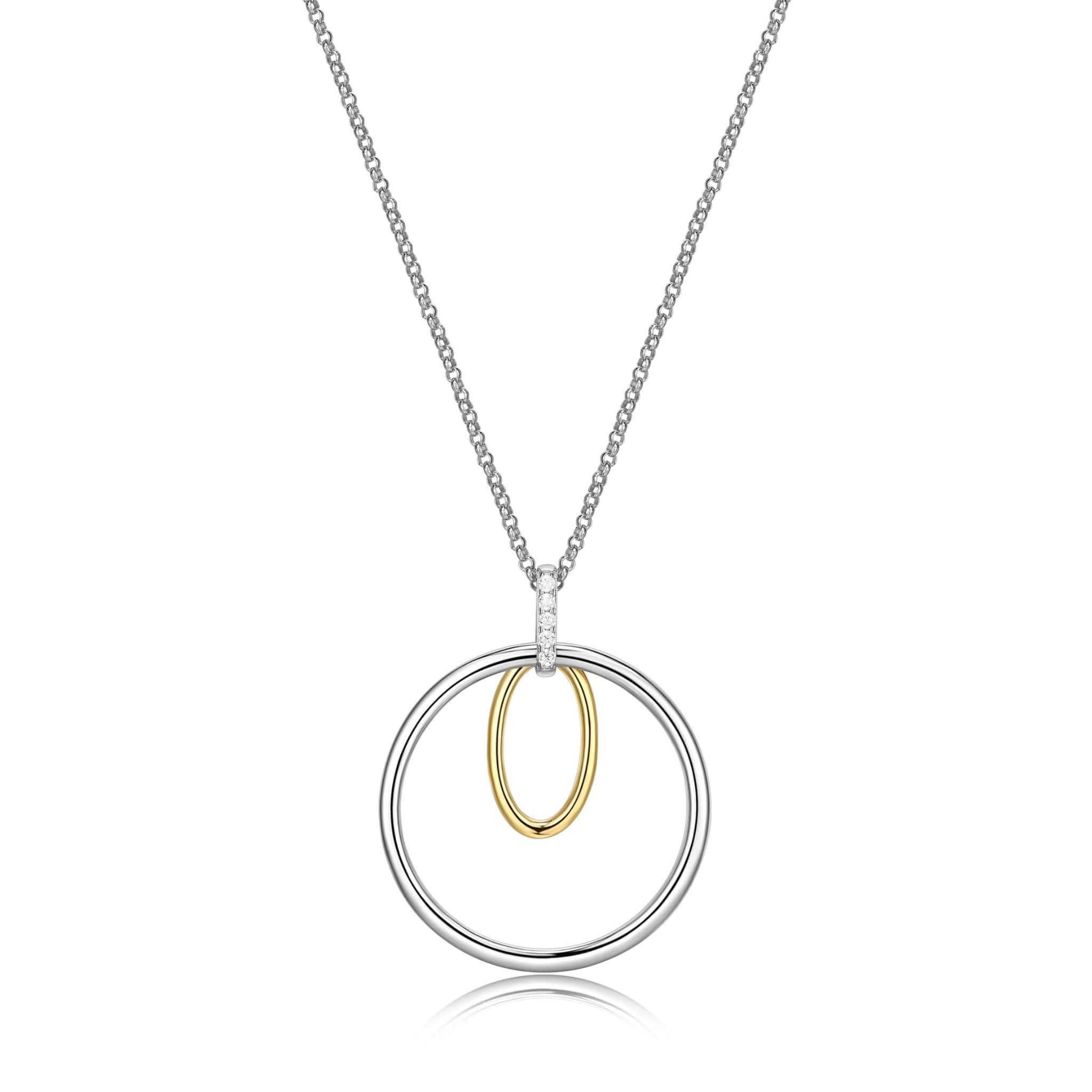 ELLE"CIRCADIA" RHODIUM & GOLD PLATED 2TONE LONG NECKLACE WITH CIRCLE(29MM) & OVAL(17X10MM) CUBIC ZIRCONIA PENDANT 28"+2" EXTENSION AT ARMANS JEWELLERS KITCHENER WATERLOO