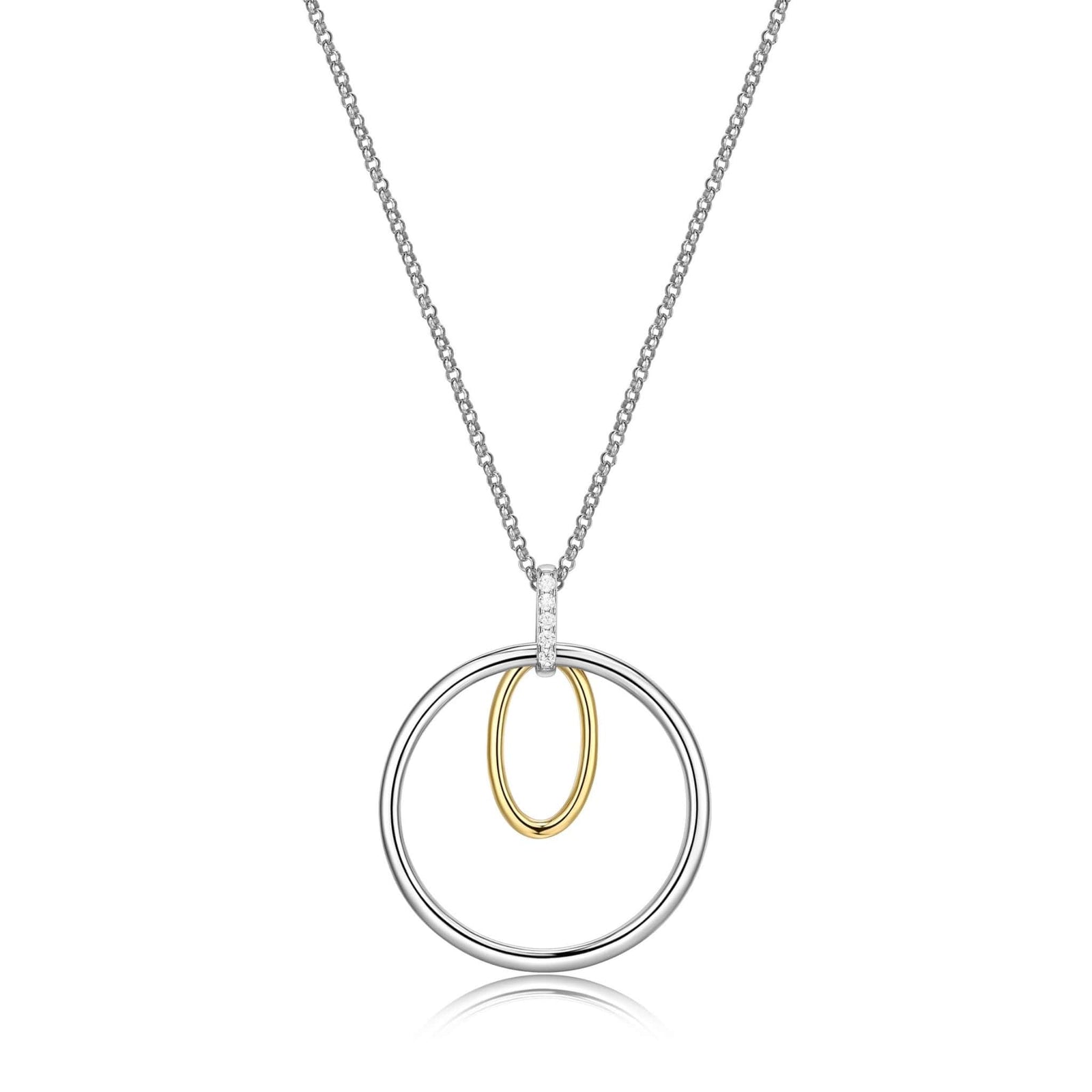 ELLE"CIRCADIA" RHODIUM & GOLD PLATED 2TONE LONG NECKLACE WITH CIRCLE(29MM) & OVAL(17X10MM) CUBIC ZIRCONIA PENDANT 28"+2" EXTENSION AT ARMANS JEWELLERS KITCHENER WATERLOO