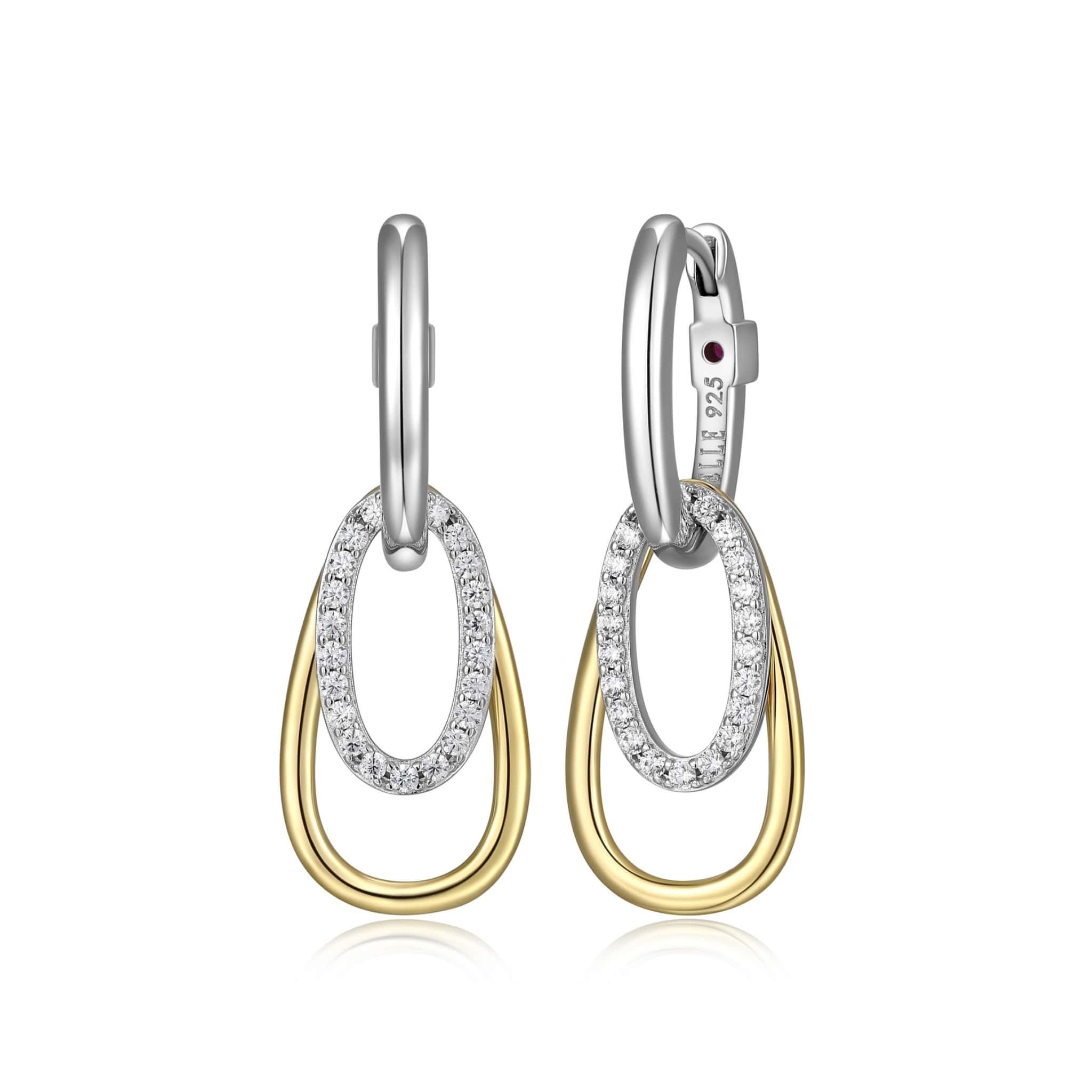 ELLE"CIRCADIA" RHODIUM & GOLD PLATED 2TONE OVATE(20X11MM) & OVAL(14X8MM) WITH CUBIC ZIRCONIA DROP WITH HOOP EARRING AT ARMANS JEWELLERS KITCHENER WATERLOO