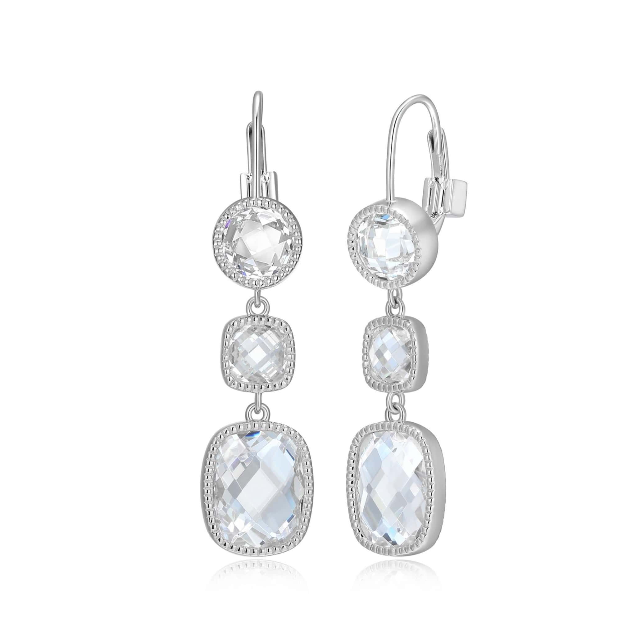 ELLE "ESSENCE" RHODIUM PLATED  MULTI-SHAPE CHECKERBOARD CUT CZ 10X8 &6 &5MM LEVERBACK DANGLE EARRING AT ARMANS JEWELLERS KITCHENER WATERLOO