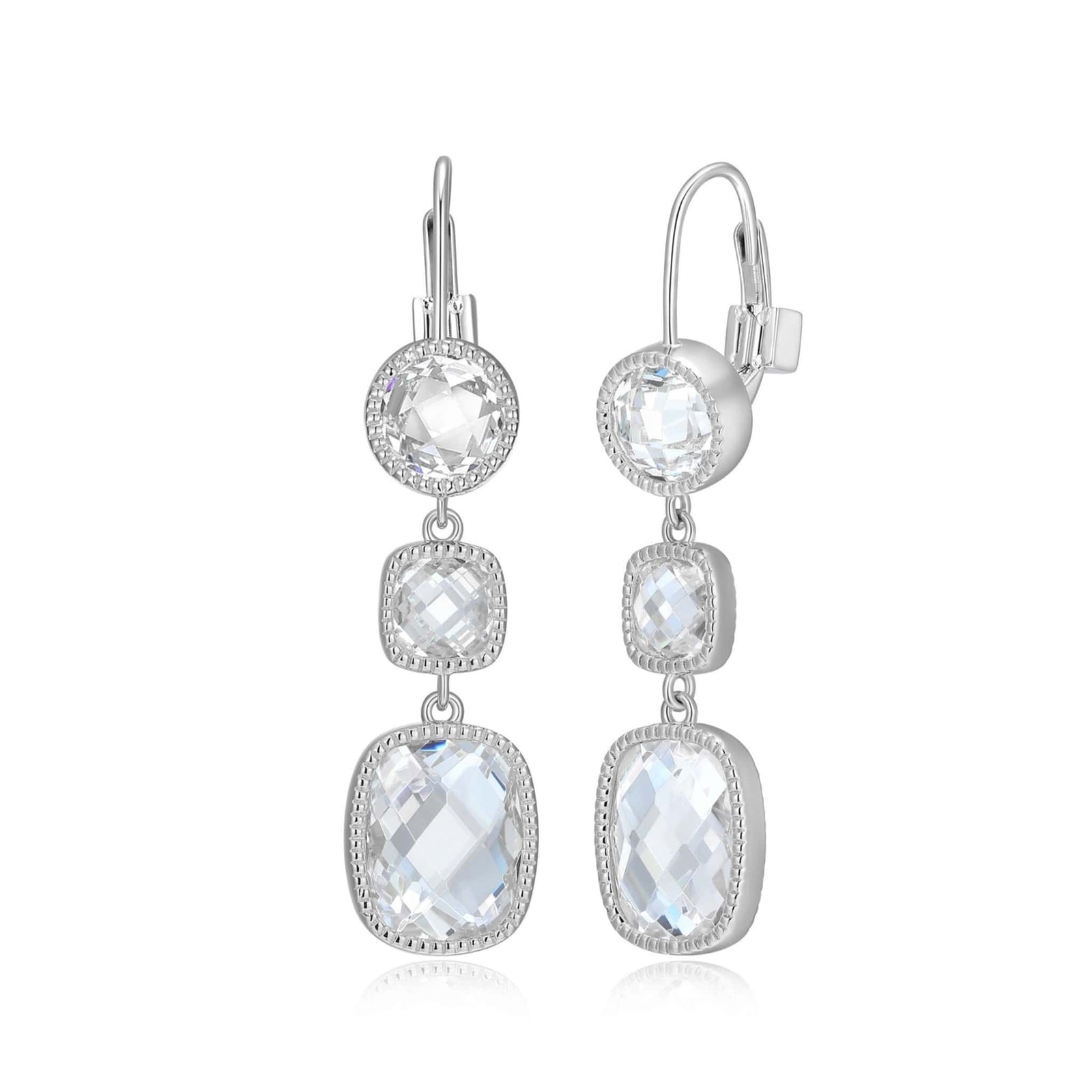 ELLE "ESSENCE" RHODIUM PLATED  MULTI-SHAPE CHECKERBOARD CUT CZ 10X8 &6 &5MM LEVERBACK DANGLE EARRING AT ARMANS JEWELLERS KITCHENER WATERLOO