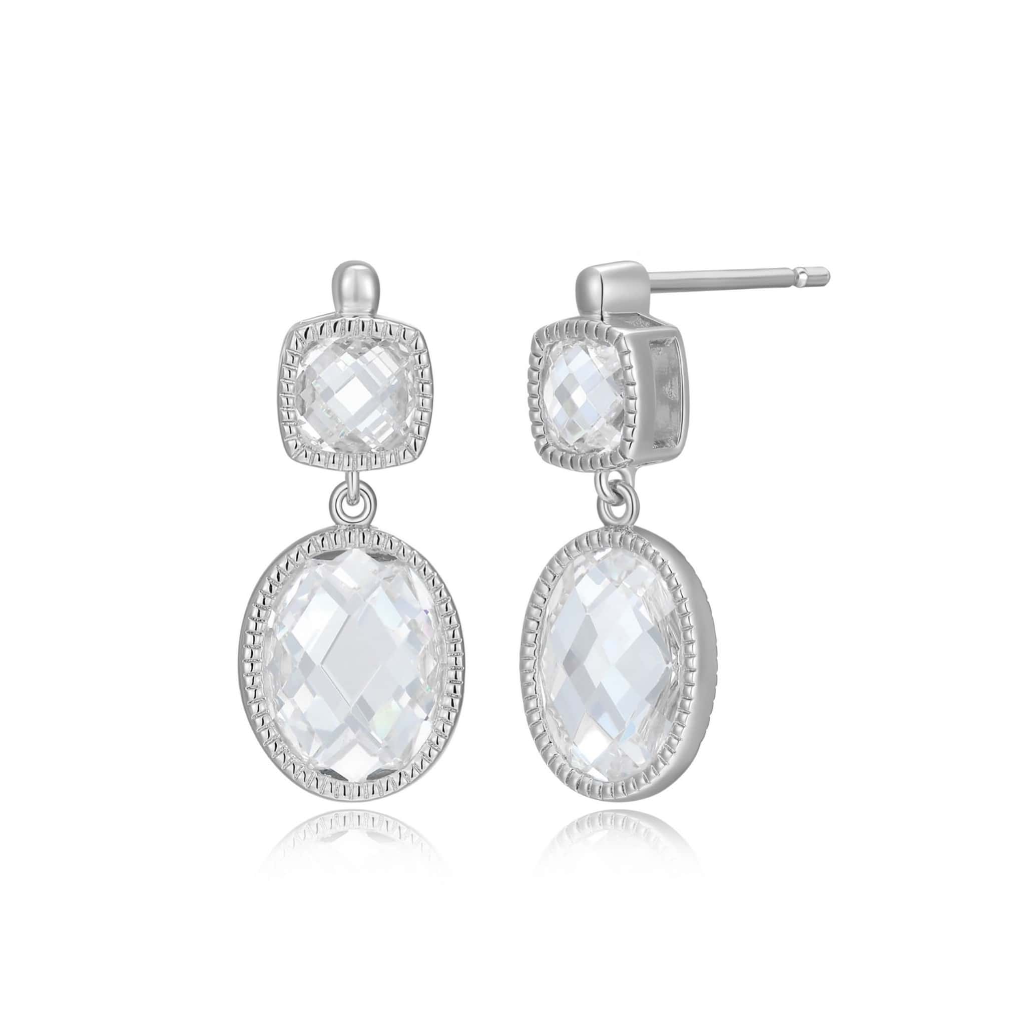 ELLE "ESSENCE" RHODIUM PLATED  CHECKERBOARD CUT OVAL 10X8MM & CUSHION 5MM CZ STUD EARRING AT ARMANS JEWELLERS KITCHENER WATERLOO