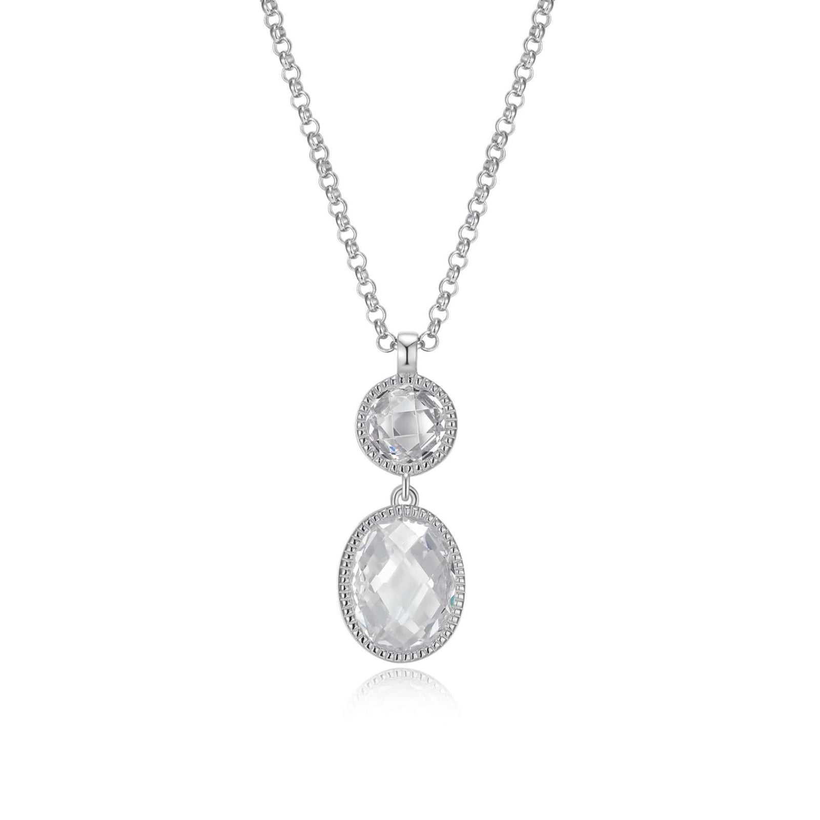 ELLE "ESSENCE" RHODIUM PLATED  CHECKERBOARD CUT OVAL 10X8MM & ROUND 6MM NECKLACE 17"+3" EXTENSION AT ARMANS JEWELLERS KITCHENER WATERLOO