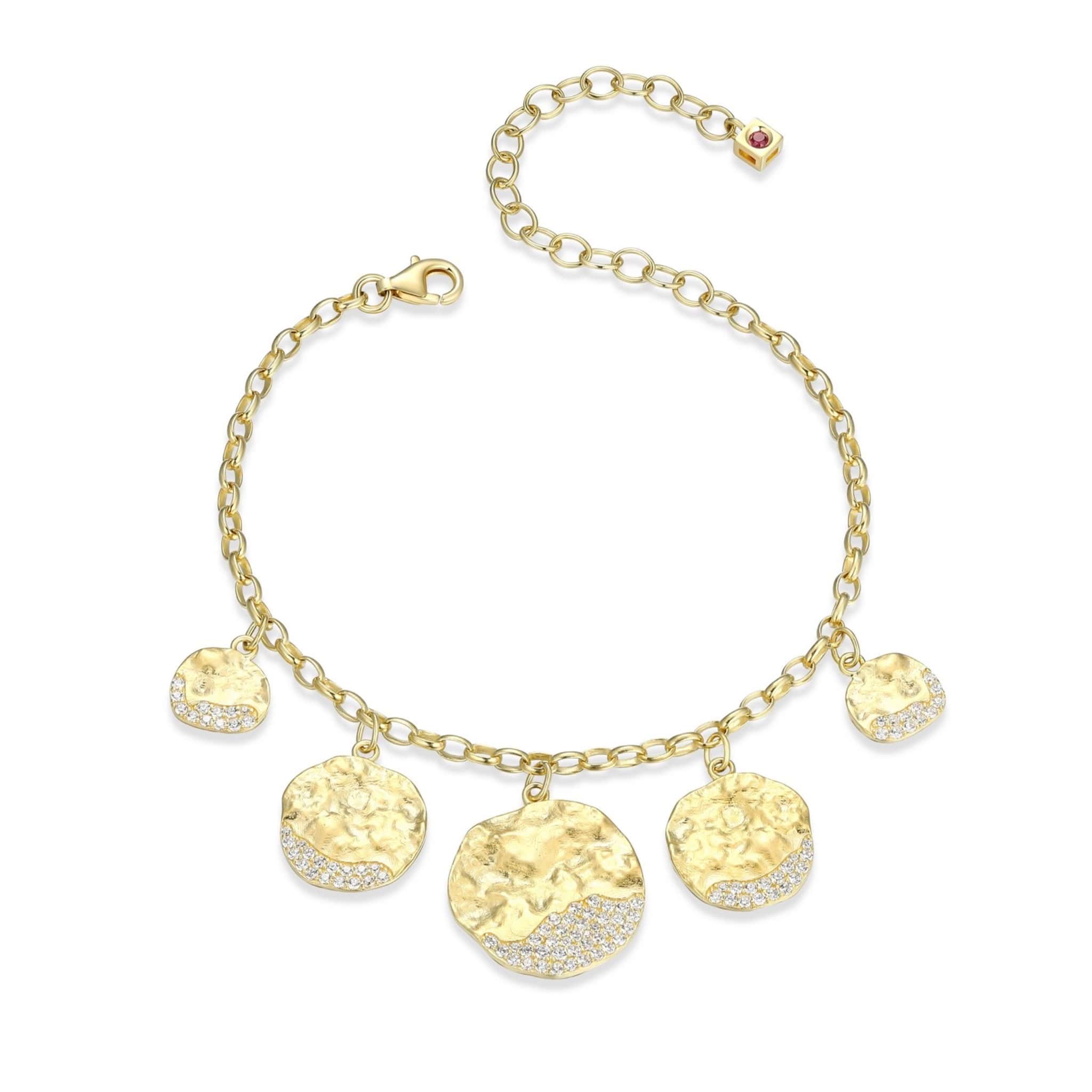 ELLE "GALAXY" 18K GOLD PLATED MATTE FINISH TEXTURE MULTI-SIZES ROUND DISC WITH 3A CZ CHARM BRACELET 6.5"+2.5" EXTENSION AT ARMANS JEWELLERS KITCHENER WATERLOO
