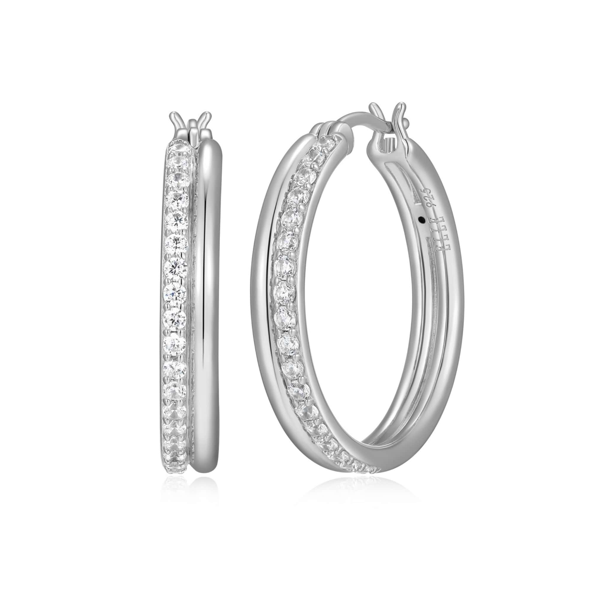 ELLE "GODDESS" RHODIUM PLATED CUBIC ZIRCONIA & SILVER DOUBLE ROW 26MM HOOP EARRINGS AT ARMANS JEWELLERS KITCHENER