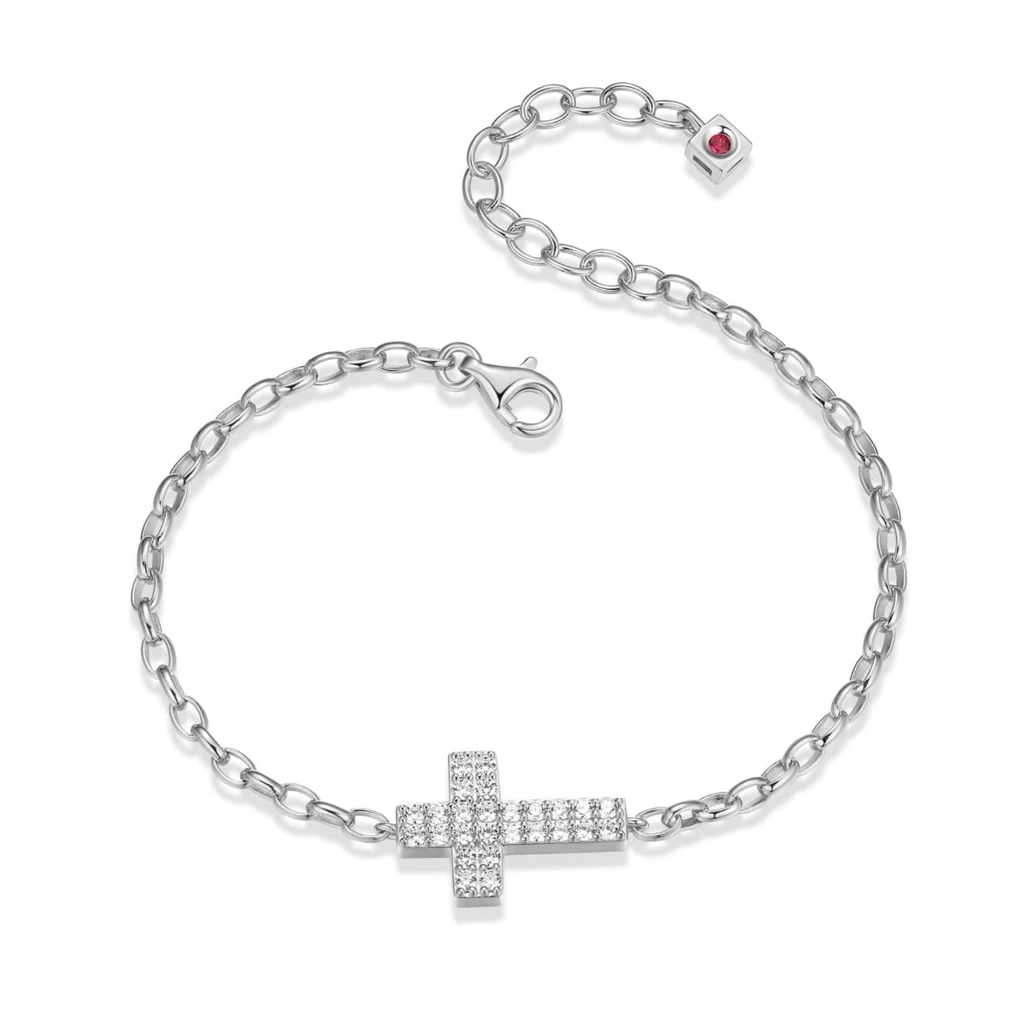 ELLE "HUMANITY" RHODIUM PLATED PAVE CZ SIDE WAY CROSS BRACELET 6.5"+1.5" EXTENSION AT ARMANS JEWELLERS KITCHENER WATERLOO