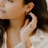 Model wearing Double Hoop Illusion Pearl Silver Earrings at Arman's Jewellers