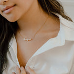Model Wearing Graduated Genuine White Pearl Horizontal Bar Necklace at Arman's Jewellers Kitchener