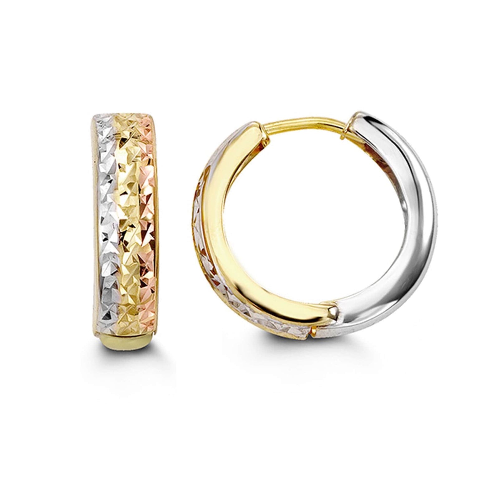 10K Tri-Colour Diamond-Cut Huggie Hoop Earrings at Arman's Jewellers