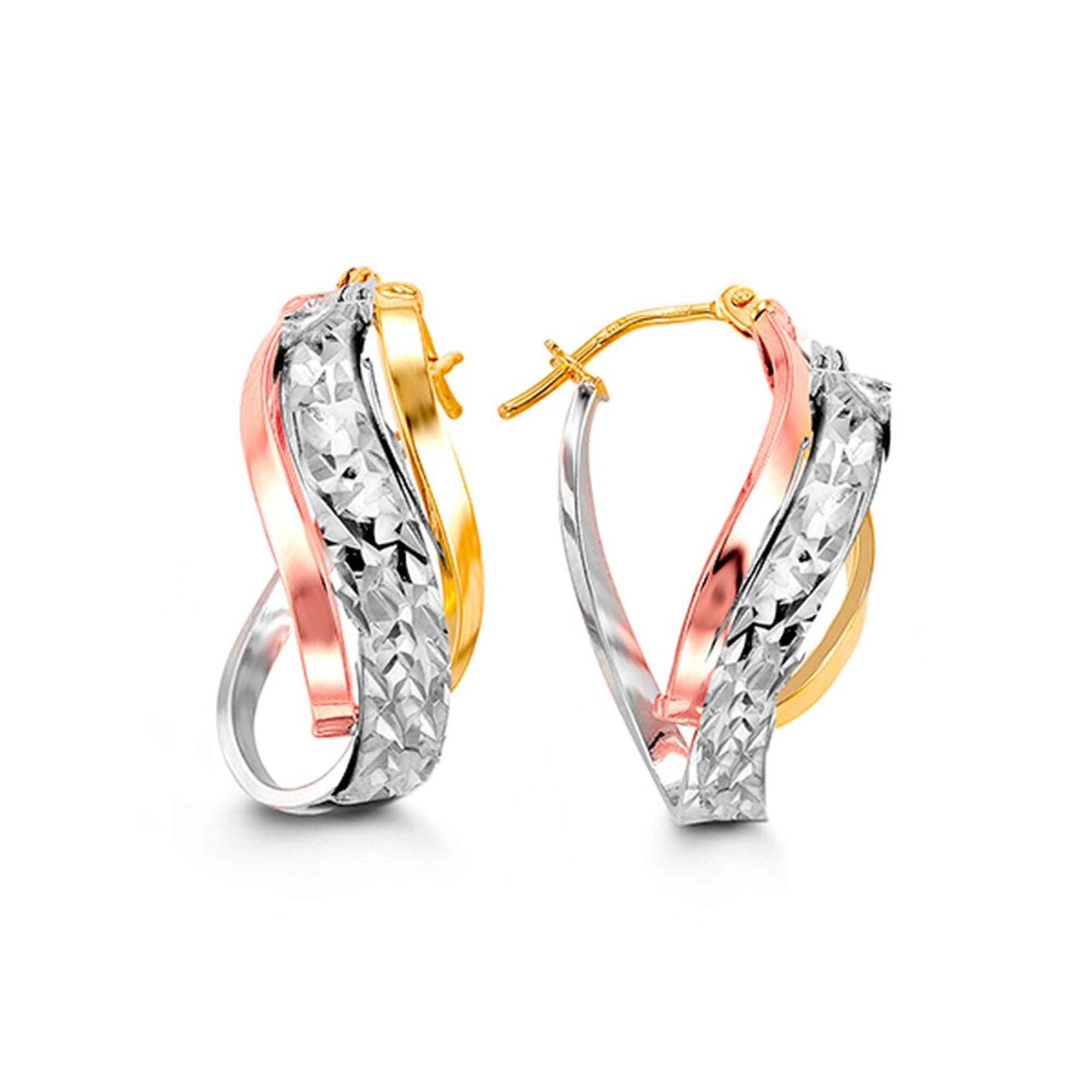 10K Tri-Gold Twist Diamond Cut Hoop Earrings at Arman's Jewellers