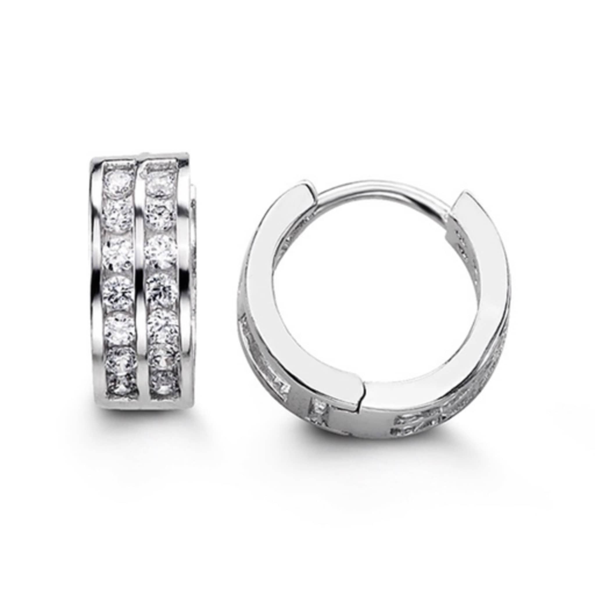 12mm Silver Double Row CZ Huggie Hoop Earrings at Arman's Jewellers