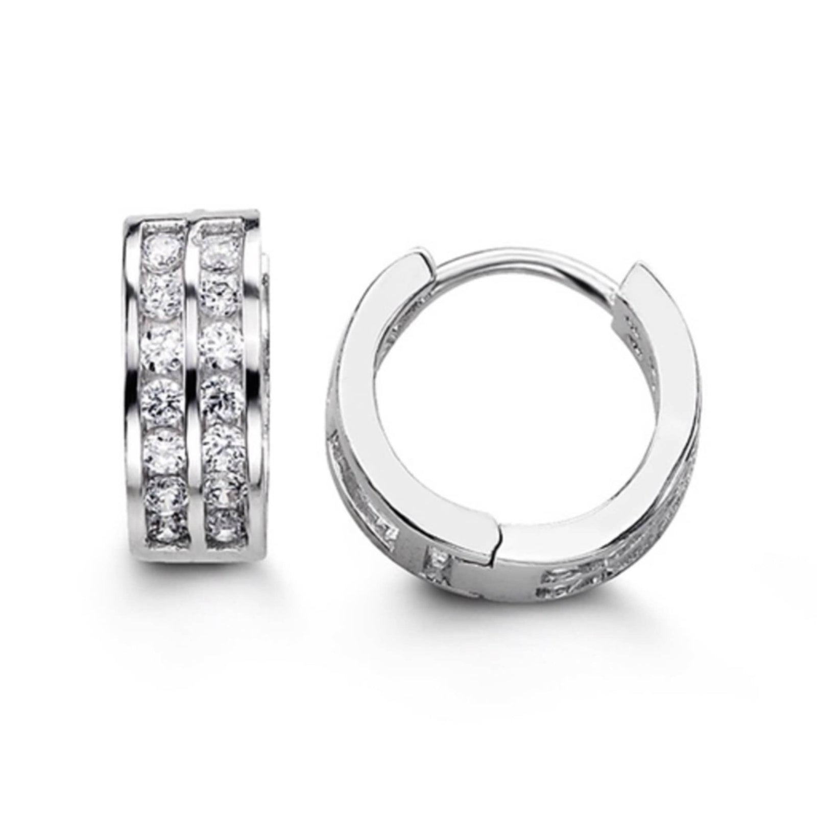 12mm Silver Double Row CZ Huggie Hoop Earrings at Arman's Jewellers