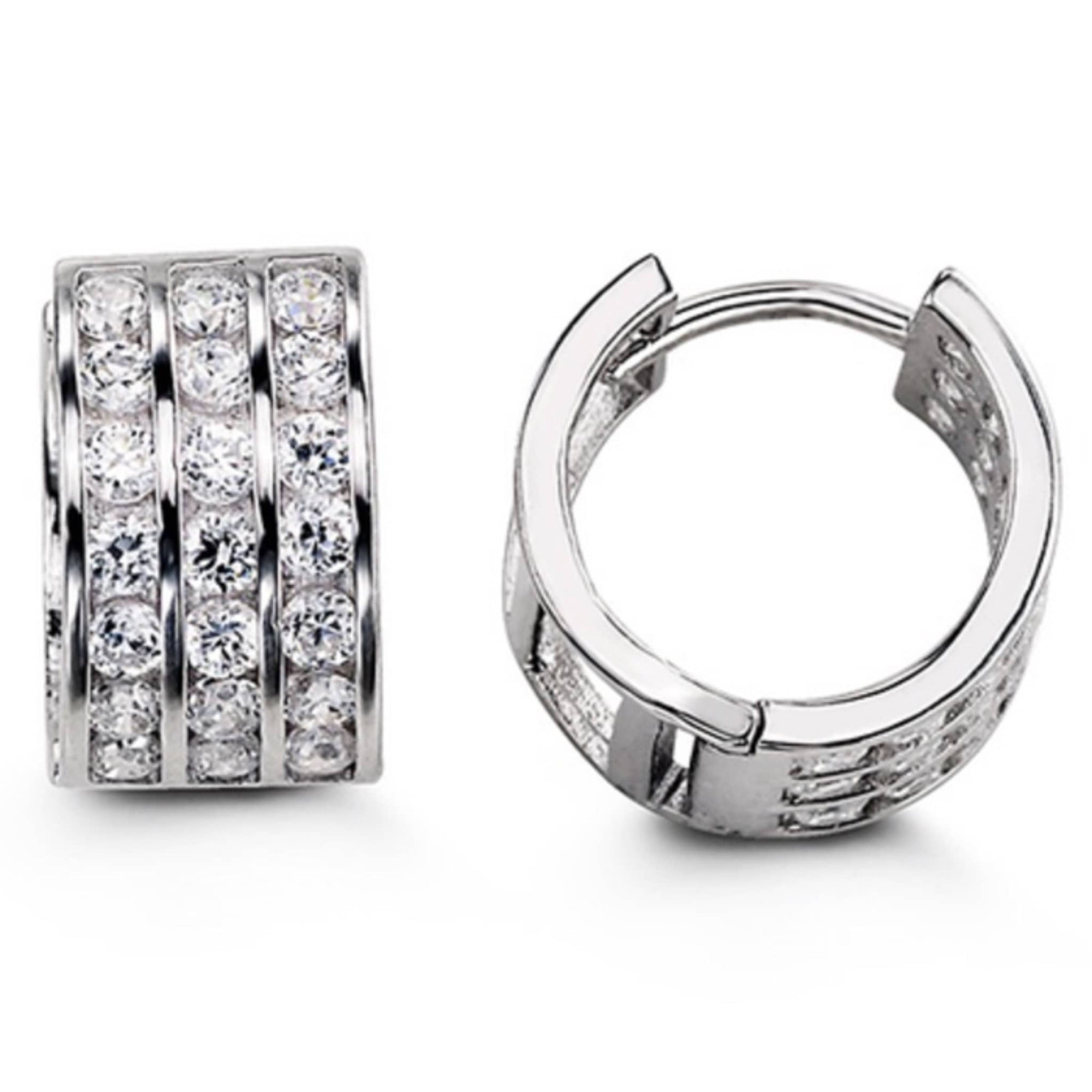13mm Silver Triple CZ Huggie Hoop Earrings at Arman's Jewellers