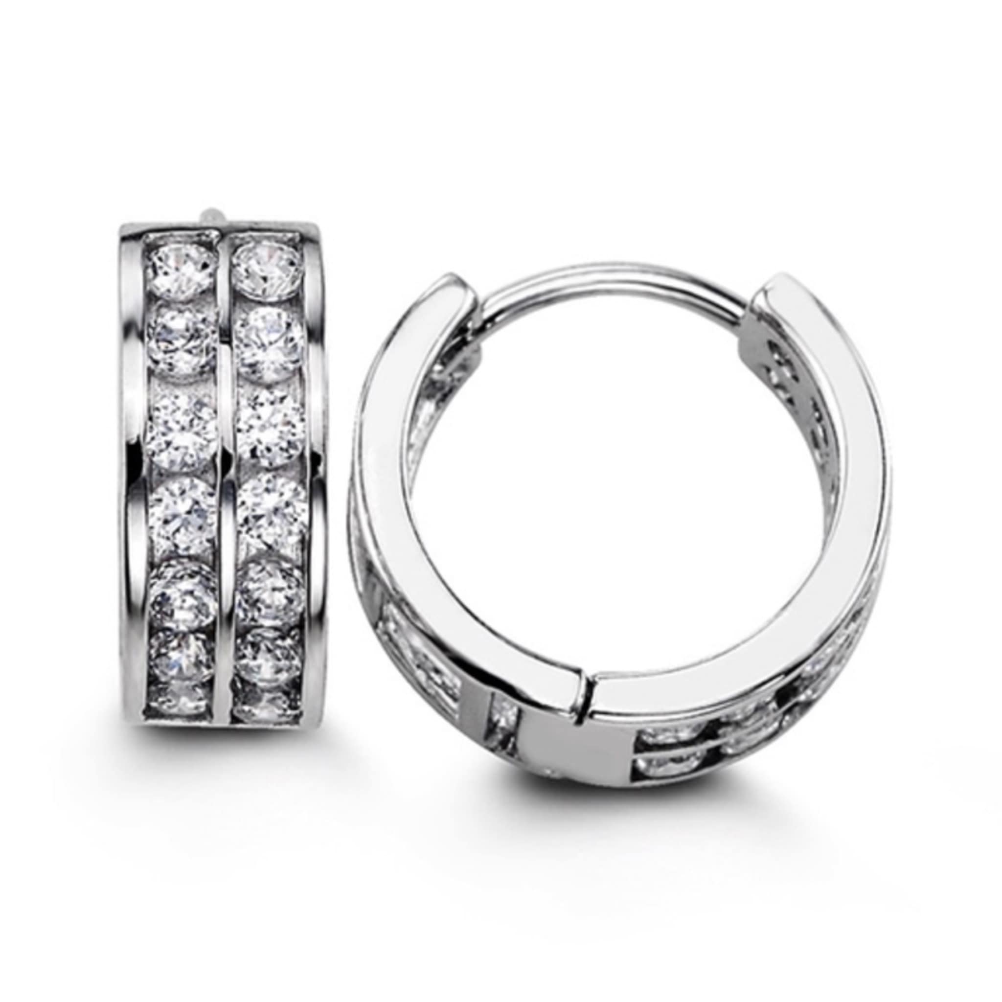 14mm Silver Double Row CZ Huggie Hoop Earrings at Arman's Jewellers