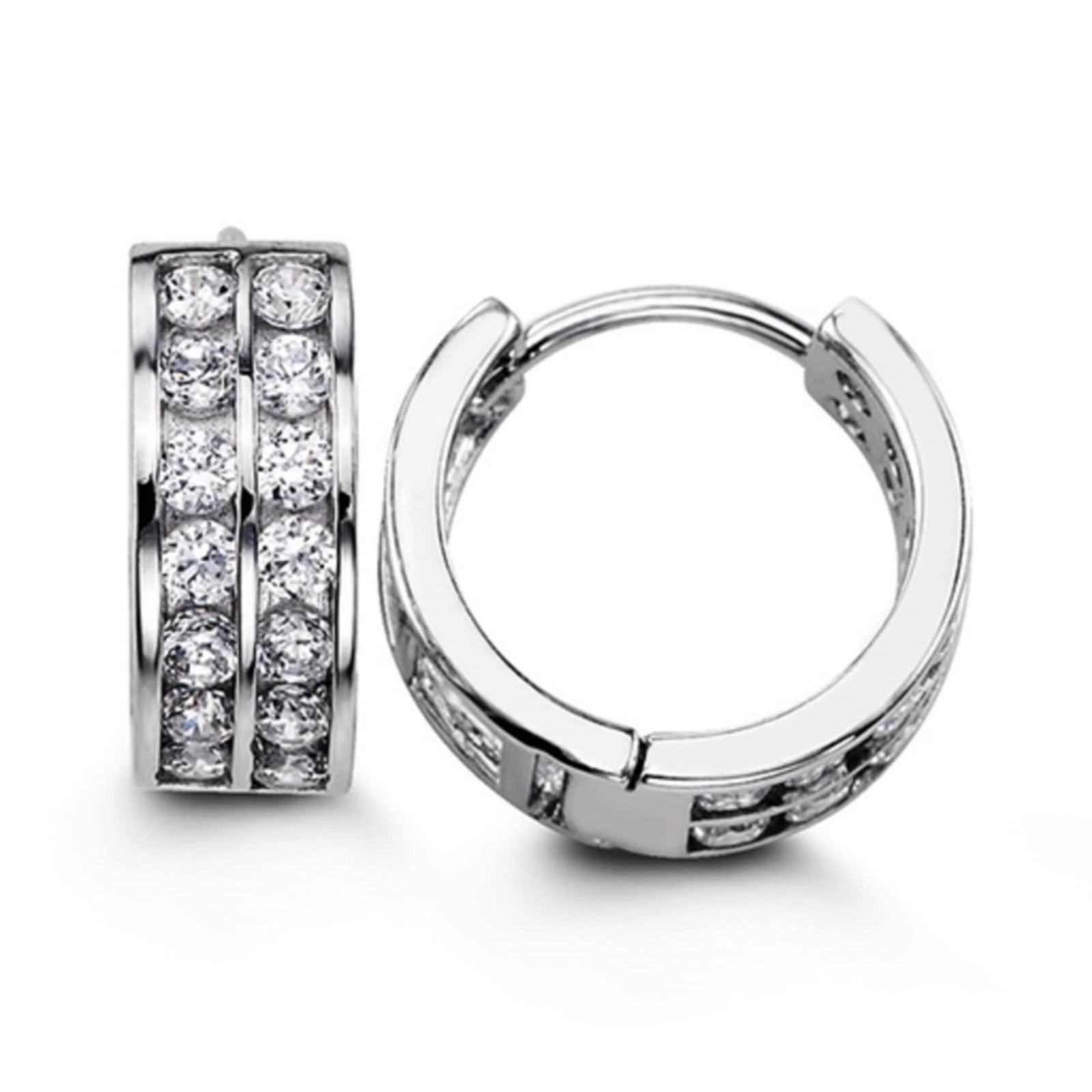 14mm Silver Double Row CZ Huggie Hoop Earrings at Arman's Jewellers