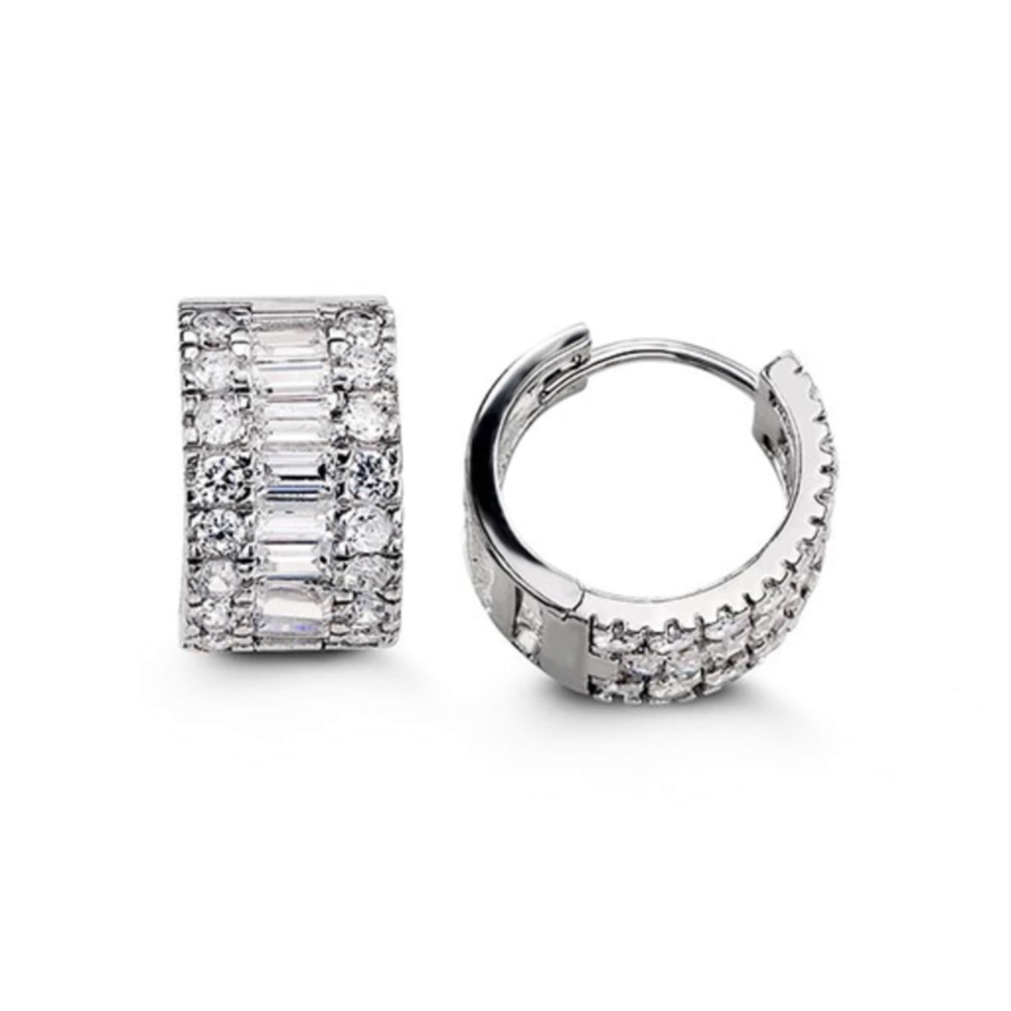 14mm Silver Round & Baguette CZ Huggie Hoop Earrings at Arman's Jewellers