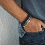Men's Black on Black Braided Italian Leather Bracelet Wrist Stack on Model at Arman's Jewellers Kitchener