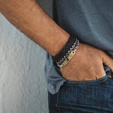 Men's Black on Black Braided Italian Leather Bracelet Wrist Stack on Model at Arman's Jewellers Kitchener