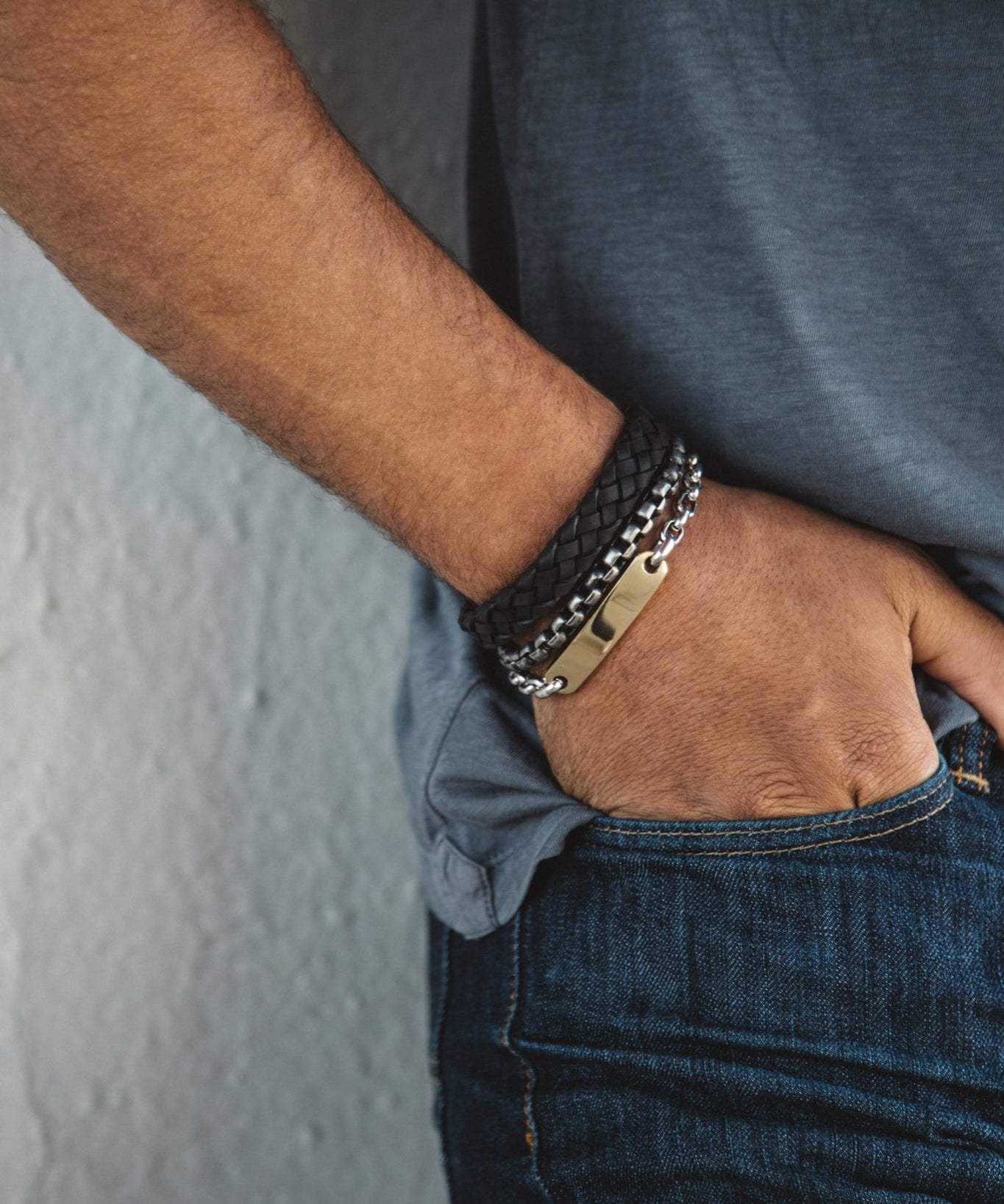 Men's Black on Black Braided Italian Leather Bracelet Wrist Stack on Model at Arman's Jewellers Kitchener