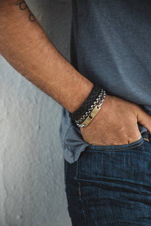 Men's Black on Black Braided Italian Leather Bracelet Wrist Stack on Model at Arman's Jewellers Kitchener