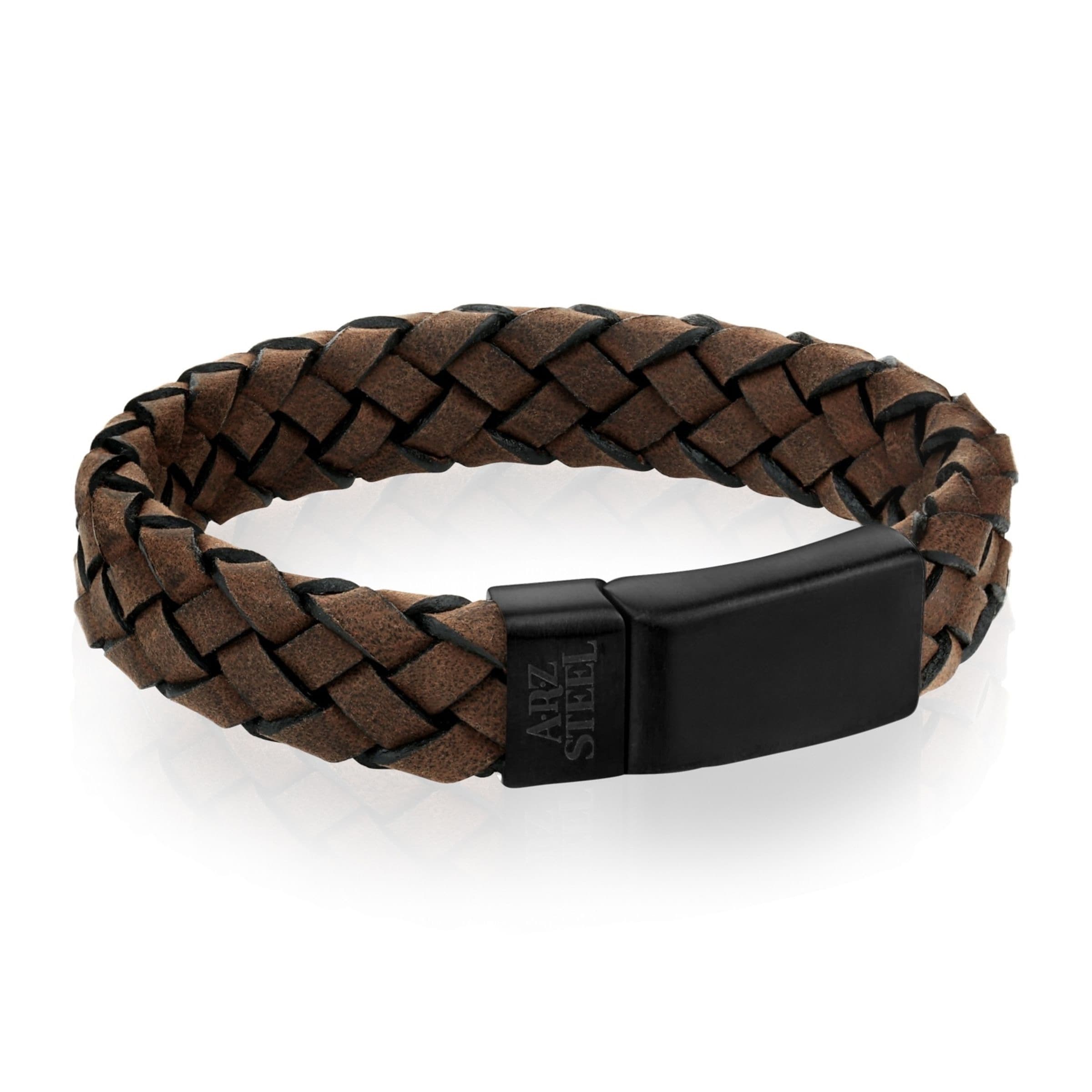 Dark Brown Braided Italian Leather Black Clasp Bracelet at Arman's Jewellers Kitchener