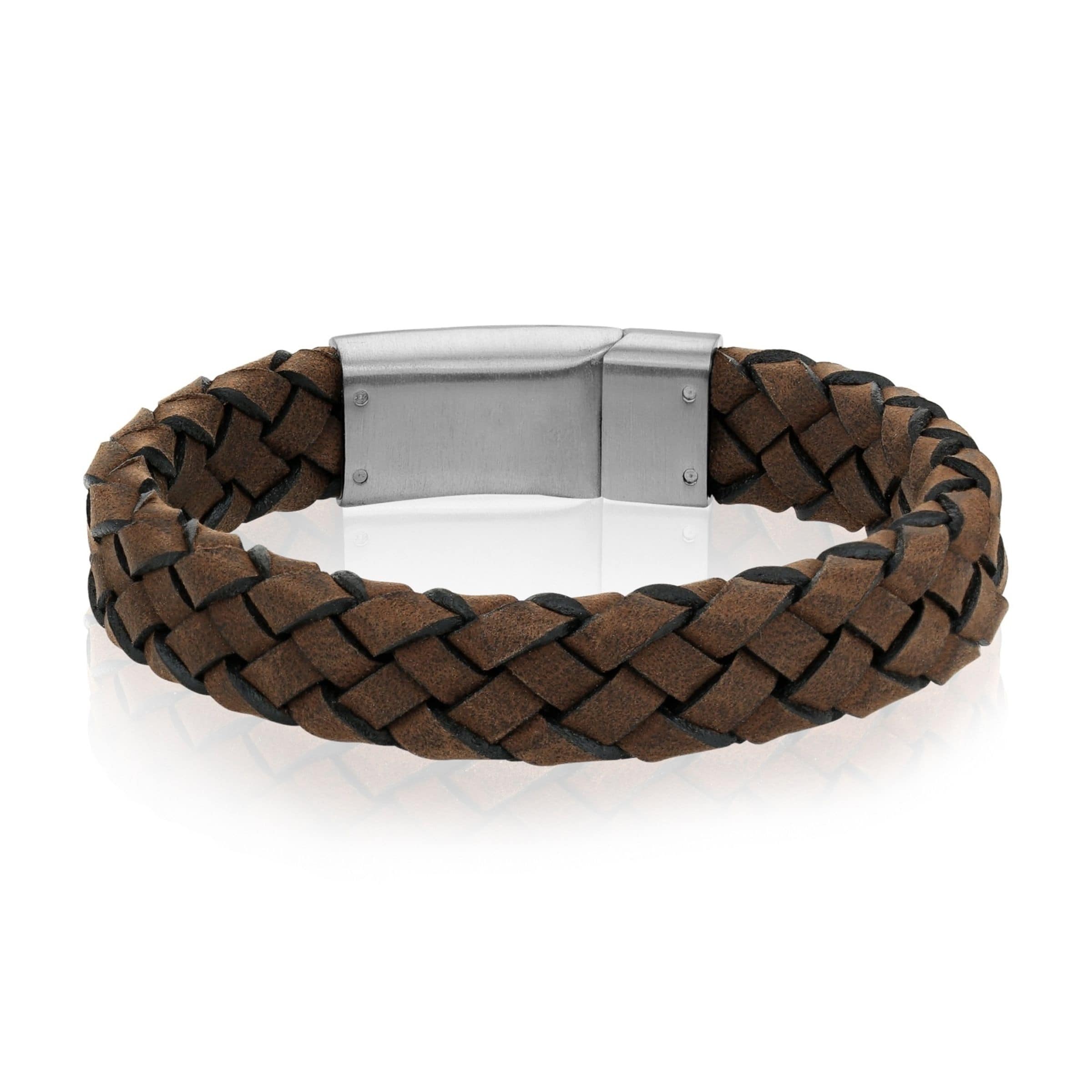 Men's Dark Brown Braided Italian Leather Steel Clasp Bracelet at Arman's Jewellers Kitchener