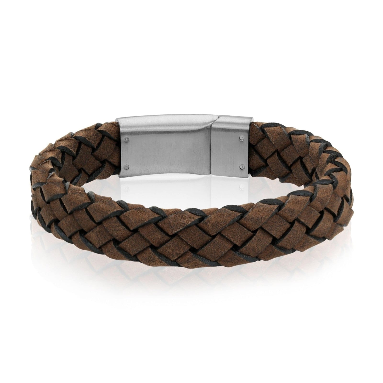 Men's Dark Brown Braided Italian Leather Steel Clasp Bracelet at Arman's Jewellers Kitchener