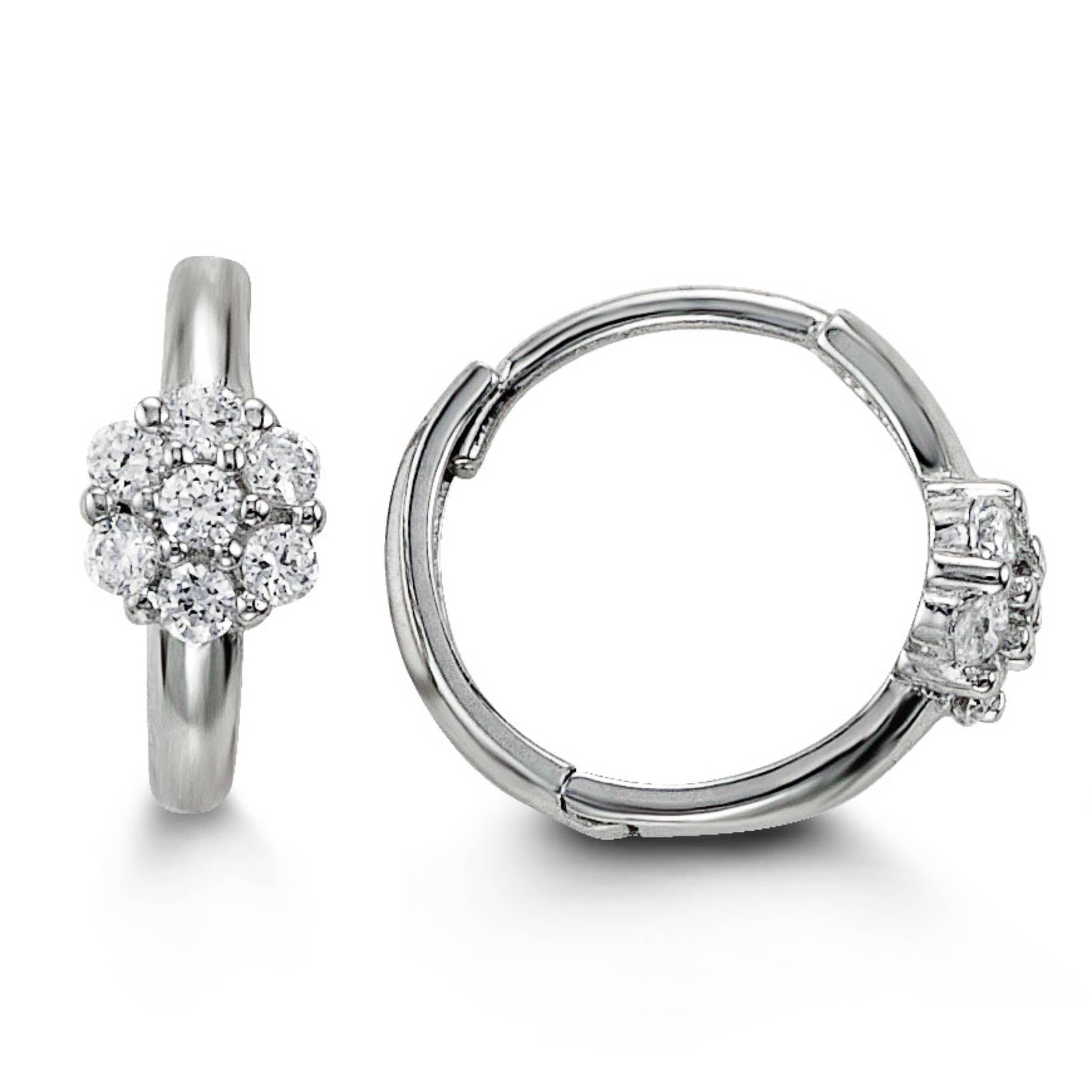 Bella Baby 14K White Gold CZ Flower Huggies Earrings at Armans Jewellers Kitchener