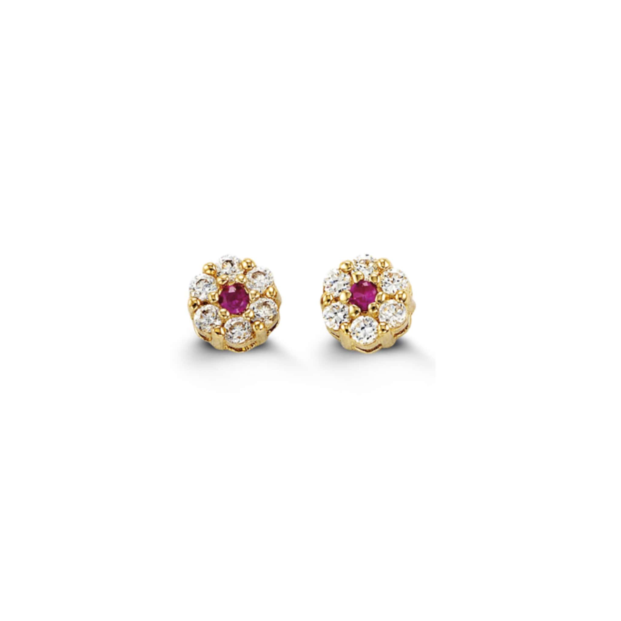Bella Baby 14K Yellow Gold Red CZ Flower Stud Earrings at Arman's Jewellers 