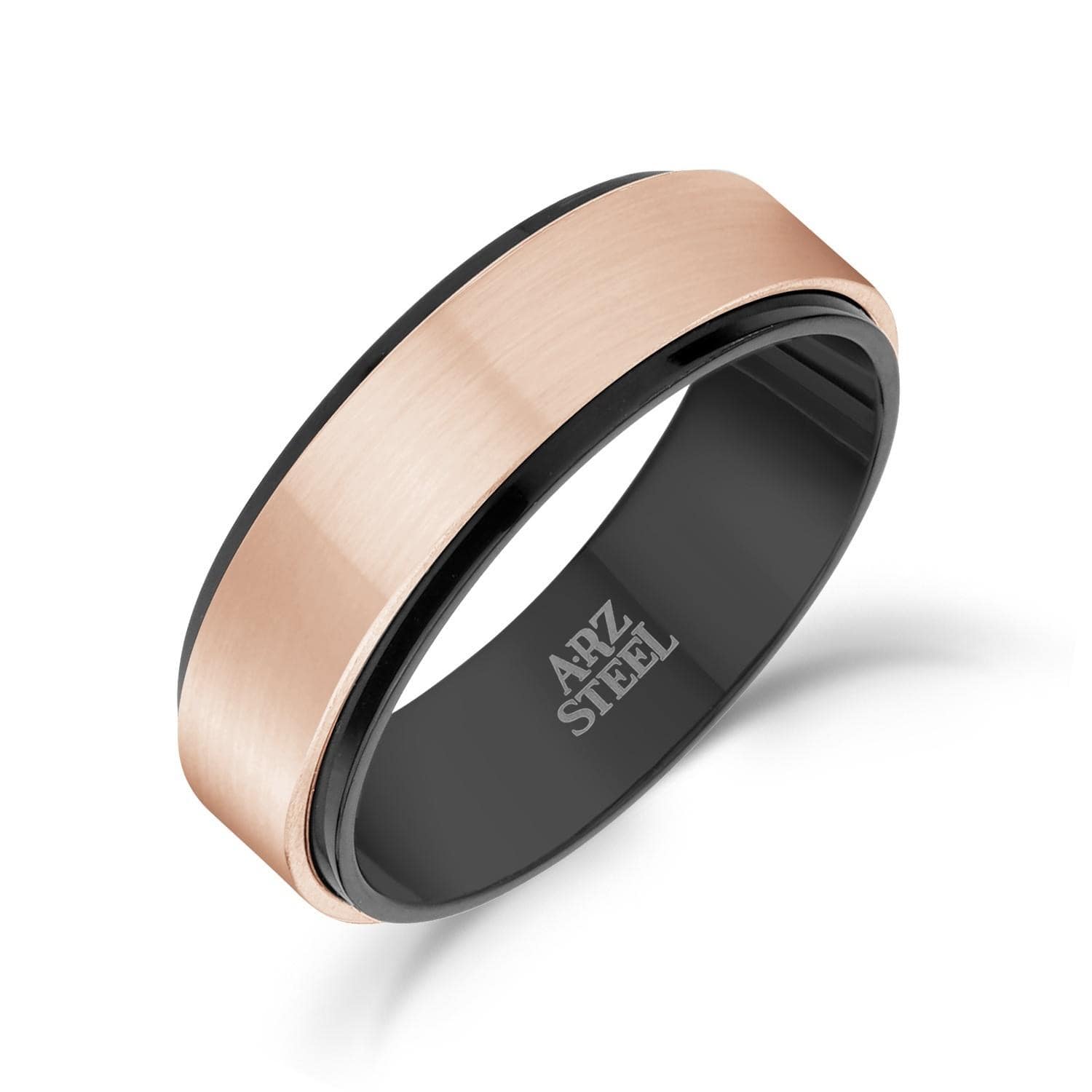 Men's 7mm Black & Rose Gold Steel Ring at Arman's Jewellers Kitchener