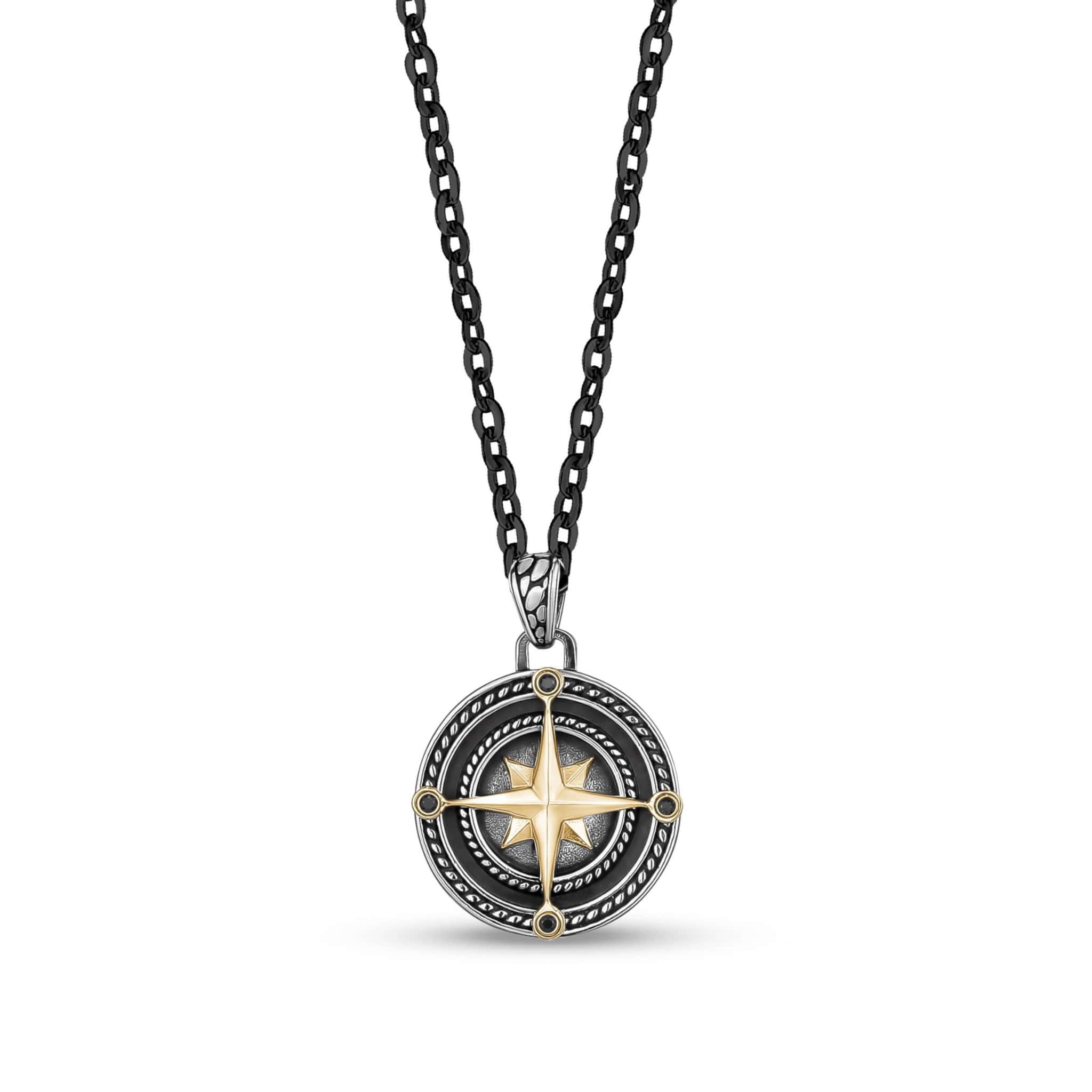 Men's Black & Gold Compass Pendant W/ Chain 28" at Arman's Jewellers