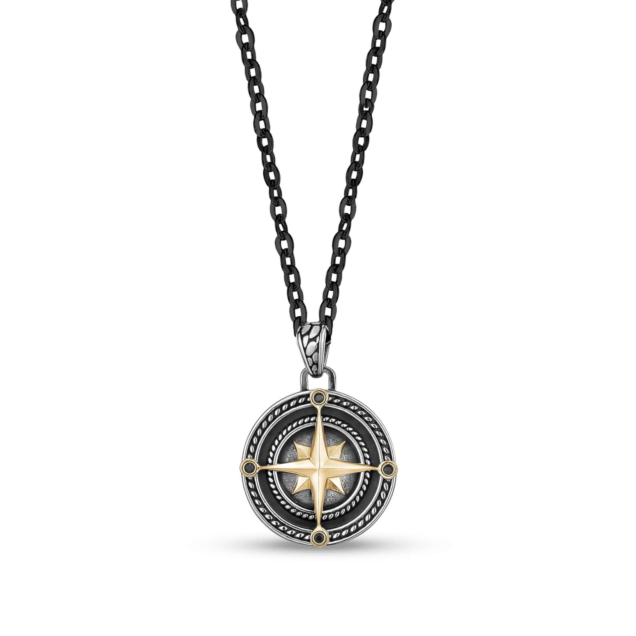 Mahi Oxidised Round Pendant Cross Compass Necklace Chain for Men (PS11
