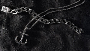Mens' Steel Rebel Anchor Pendant with Chain with Detailed Steel Link Bracelet at Arman's Jewellers Kitchener