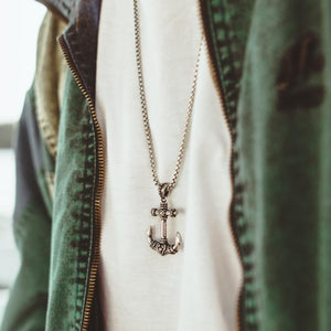 Mens' Steel Rebel Anchor Pendant with Chain on Model at Arman's Jewellers Kitchener