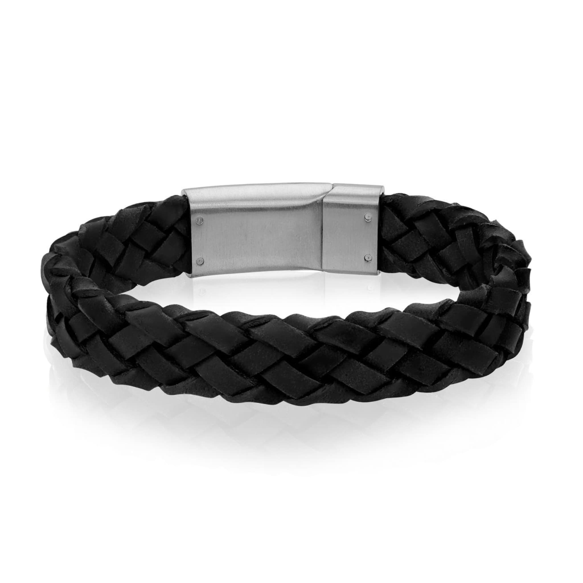 Men's Black Braided Italian Leather Steel Clasp Bracelet at Arman's Jewellers Kitchener
