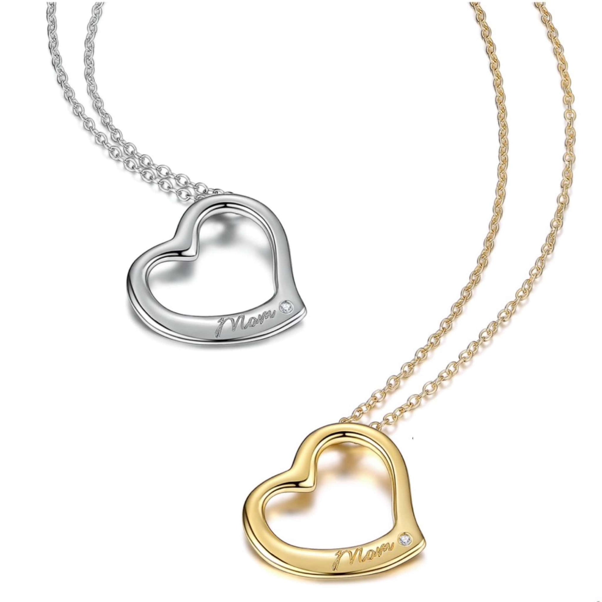 Diamond "Mom" Heart Silver Necklace