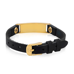 Unisex Stainless Steel Black Leather Gold ID Bracelet at Arman's Jewellers Kitchener